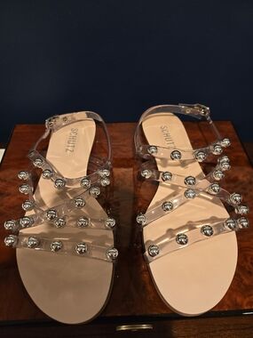 SCHUTZ Clear Gladiator Sandals with Silver Studs and Nude Footbed